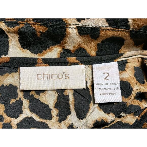 Chico's Button Down Shirt Womens Size 2 US L Animal Print Tan Black Long Sleeve - Picture 3 of 7